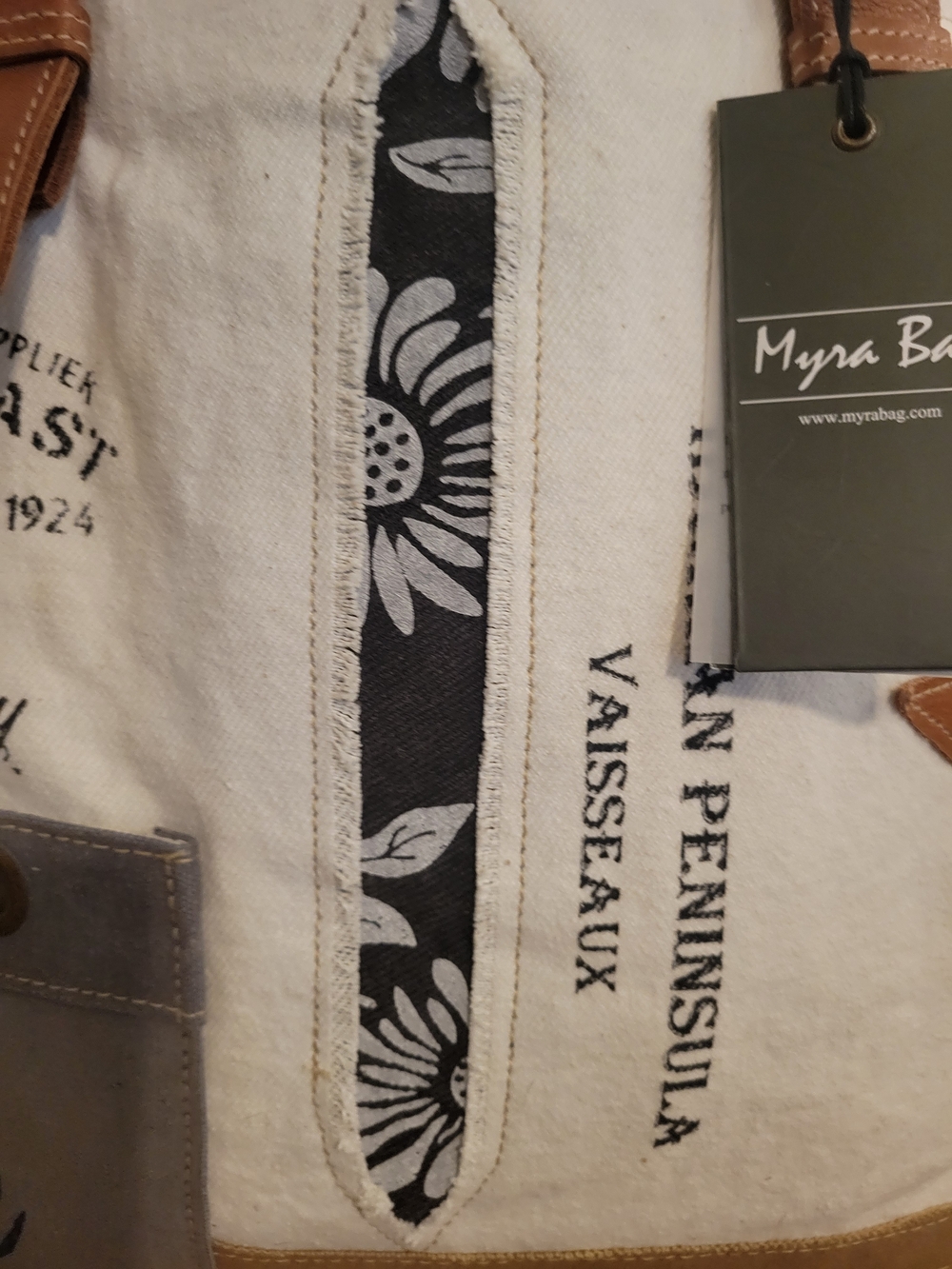 NWT Myra Bag Canvas Tote with Brown Leather Handles and Cream Body - Picture 4 of 9